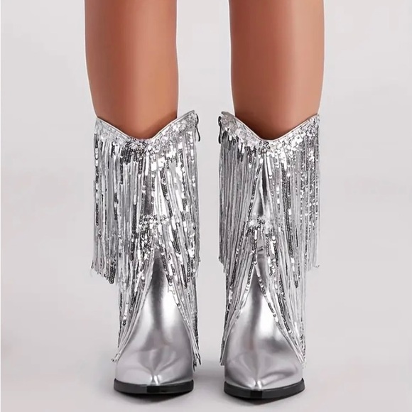 New Fringe Shiny Silver Cowboy Cowgirl Boots Metallic Pointed Toe Tassel Heel - Picture 3 of 16